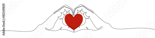 Hands Forming a Heart in one line art style. Drawing of two hands making a heart shape, with red color and black editable stroke on a white background. Vector illustration
