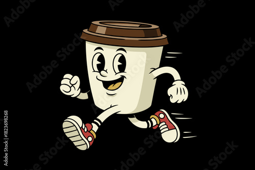 Cartoon coffee cup character running with speed lines.