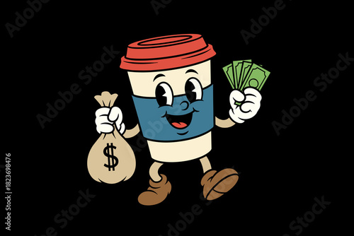 Cartoon Coffee Cup Character Holding Money Bag and Cash.