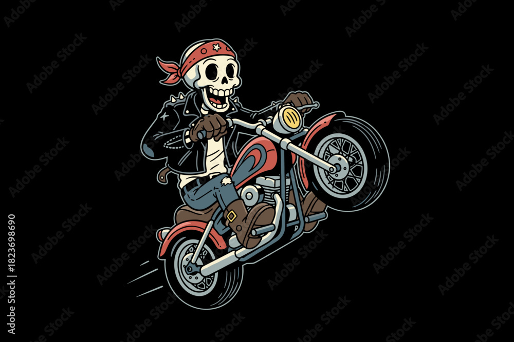 Fototapeta premium Skeleton biker doing a wheelie on a motorcycle.