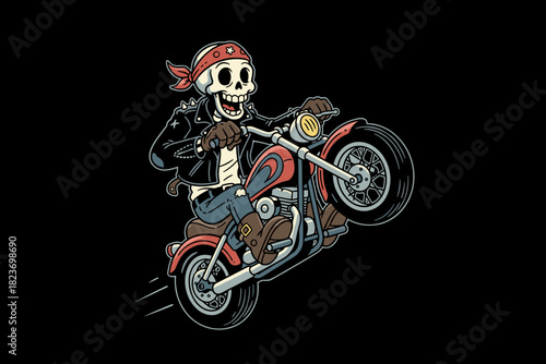 Skeleton biker doing a wheelie on a motorcycle.