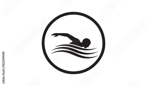 Silhouette of a swimmer in an oval frame with water waves