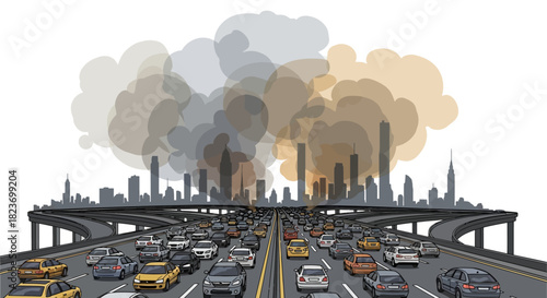 Cartoon Illustration of Air Pollution Over Urban City Skyline.