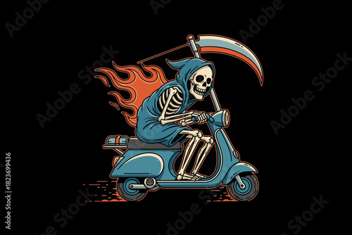 Grim Reaper riding a scooter with flames behind him.