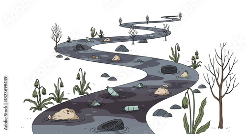 Cartoon Illustration of Polluted River with Trash and Debris Floating.