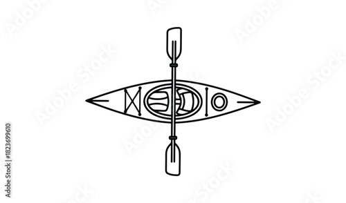 Minimalist line art drawing of a kayak and paddle from a top down view