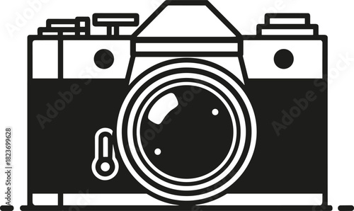 Black and white graphic illustration of a vintage film camera with lens and film advance lever