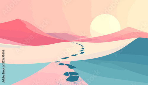 Stylized desert landscape with footprints leading towards a pastel pink and yellow sunset, featuring soft blue and pink dunes and a vast sky.