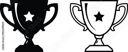Black silhouette and outline trophy cup with star emblem on white background award