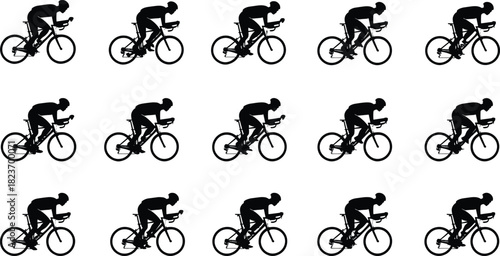 Black silhouette of a cyclist in aerodynamic racing position on a bicycle against a white background