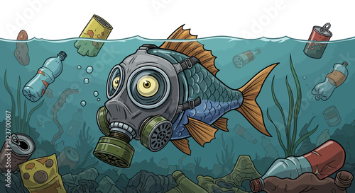 A cartoon fish with wide yellow eyes blue scales and orange fins wearing a grey gas mask.