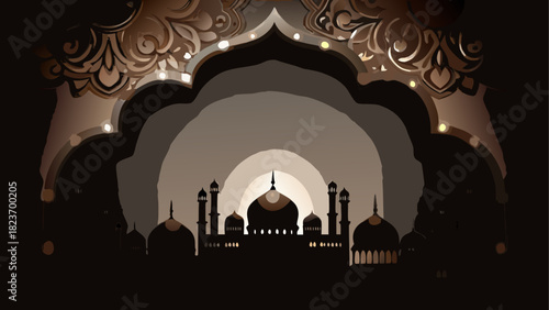 Silhouette of a mosque under an ornate archway