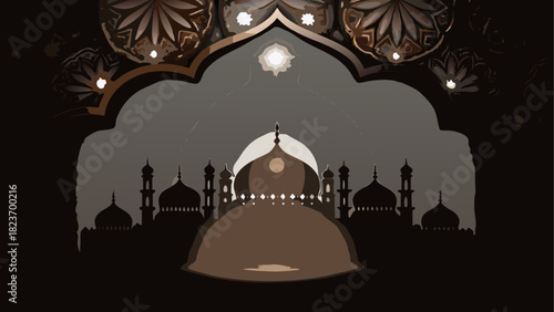 Silhouette of a mosque seen through an archway