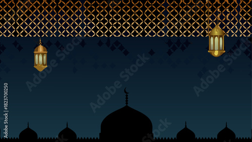 Mosque silhouette with lanterns and golden pattern