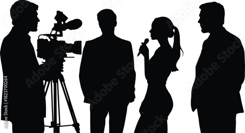 Black silhouette of a female reporter holding a microphone interviewing a man with a video camera operator and another man standing nearby
