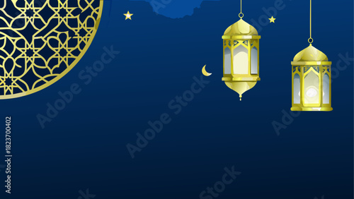 Golden lanterns and crescent moon on blue background
