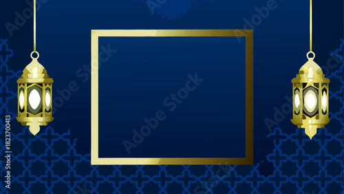 Golden frame with lanterns on a blue background