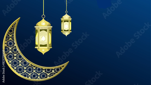 Golden crescent moon and lanterns on blue background