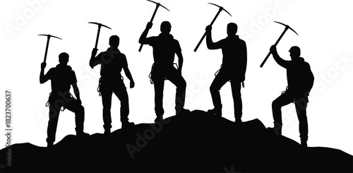Black silhouette of six climbers with ice axes standing on a rocky ridge against a white background