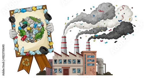 Cartoon Factory Spewing Smoke with Pollution and Recycling Symbol.