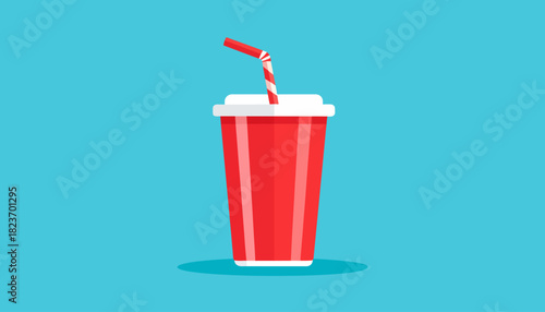 Red disposable soda cup with a white lid and striped straw on a blue background, flat design illustration.