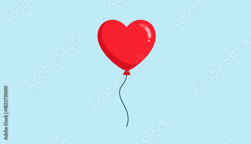 A single red heart-shaped balloon with a string floating against a light blue background, symbolizing love and celebration.