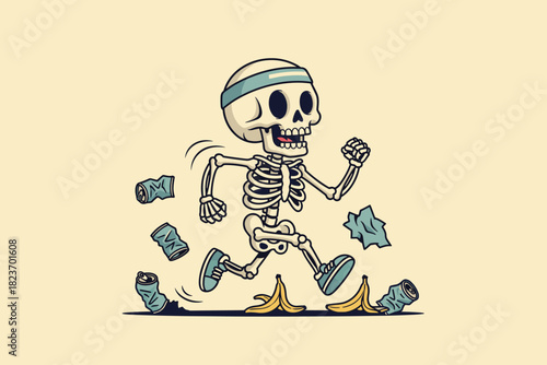 Cartoon Skeleton Running with Banana Peels and Trash Flying Arou