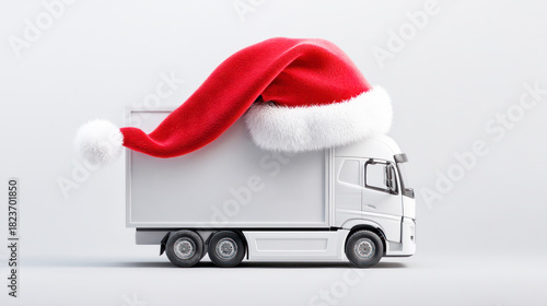 White delivery truck adorned with a festive red and white Santa hat, symbolizing holiday spirit and seasonal joy in transportation and logistics