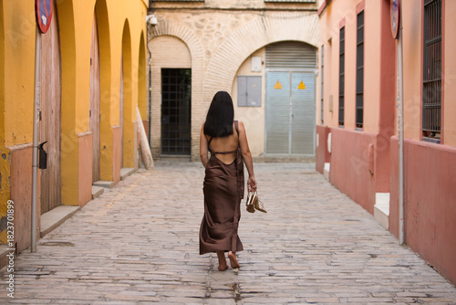 Canvas Print A young, dark-haired woman wearing a brown dress and holding gold heels in her hand, with her back turned, walks barefoot down a lonely alleyway