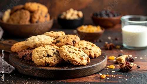 Cookies and milk. Arrangement of various freshly baked cookies on a wooden board, beside a glass of milk