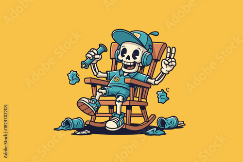 Skeleton DJ rocking chair with microphone and headphones.