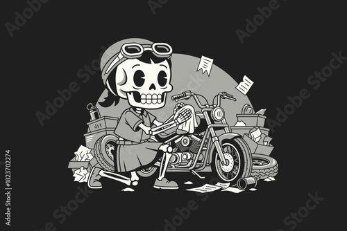 Cartoon Skeleton Girl With Motorcycle In Vintage Style.
