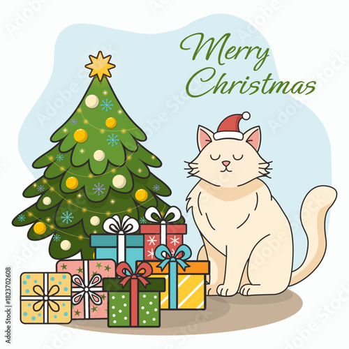 Cute holiday postcard with decorated Christmas tree, gifts, beige cat wearing  Santa hat. Festive, cheerful winter vector illustration. For email greetings, posters, social posts, holiday marketing.