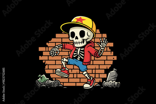Cartoon Skeleton Character Wearing a Baseball Cap and Hoodie.
