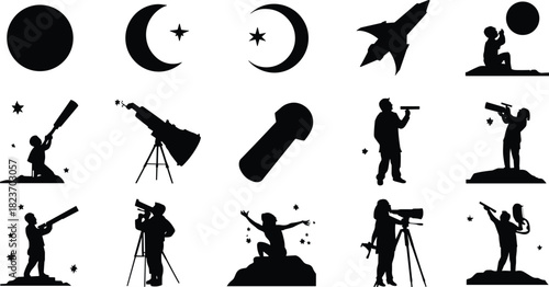 Collection of black silhouettes depicting astronomical observation and celestial bodies