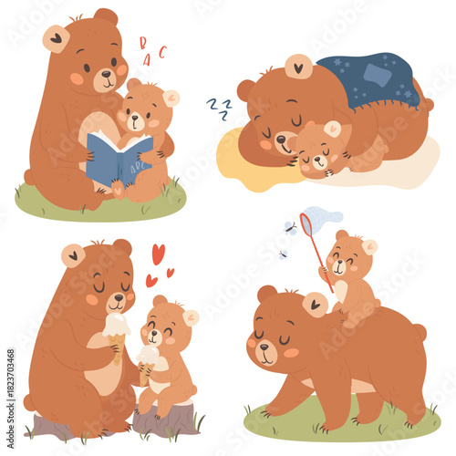 Set of four cute cartoon illustrations of mama bear with kid
