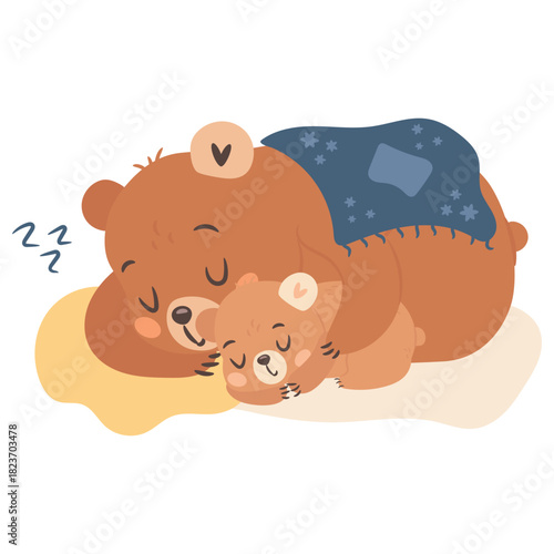 Cute cartoon mama bear sleeping with kid illustration for Mothers day
