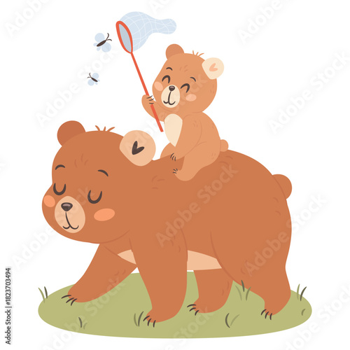 Cute cartoon mama bear walking with kid illustration for Mothers day