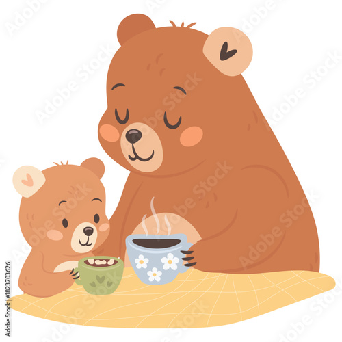 Cute cartoon tea time mama bear with kid illustration for Mothers day