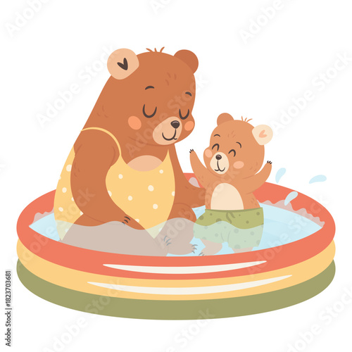 Cute cartoon mama bear swimming in the pool with kid illustration for Mothers day
