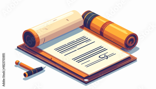 An isometric illustration of an open document with a signature, accompanied by two rolled scrolls and two pens, on a white background.