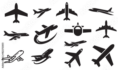 Collection of silhouetted aircraft planes jets and other flying vehicles