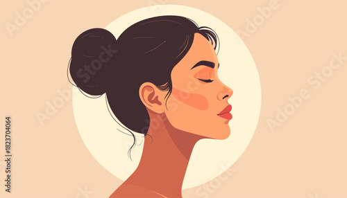 Illustration of a woman with her eyes closed and hair in a bun.