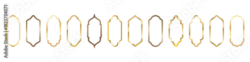 Set of golden gradient Islamic, arab line arch, frame vector icons. Gold Vector window, door icons collection. Domes of the mosque of Ramadan Kareem and Eid Mubarak. Oriental style. Copy space.