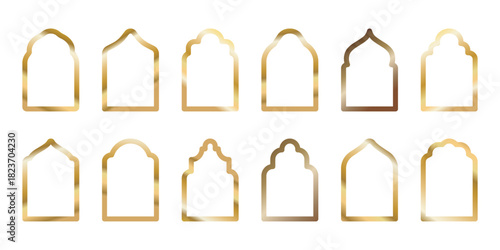Set of golden gradient Islamic, arab line arch, frame border tags vector icons. Gold Vector window, door collection. Domes of the mosque of Ramadan Kareem and Eid Mubarak. Oriental style. Copy space.