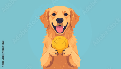 A cartoon golden retriever dog holding a yellow ball with a happy expression on a blue background.
