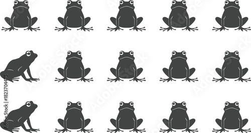 Collection of dark gray frog silhouettes on a white background in various poses amphibian