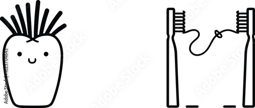 Cute cartoon tooth with toothbrush and dental floss icons for oral hygiene happy