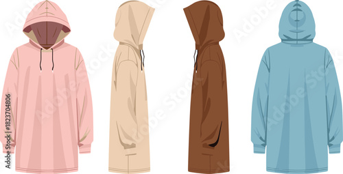 Four hooded sweatshirts in pink beige brown and blue shown from front and side views
