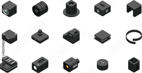 Isometric dark gray electronic devices and accessories on white background technology